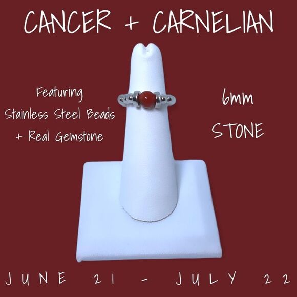 NWT Wool + Pepper Co. Zodiac + Gemstone - Cancer + Carnelian Ring (Silver) 6mm - Picture 1 of 7